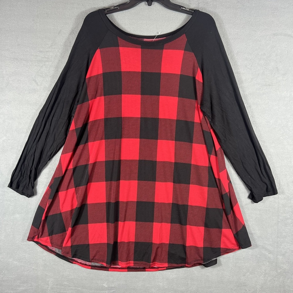 Women's Red Black Buffalo Plaid Swing Tunic Top Raglan Elbow Patches XL/2XL
